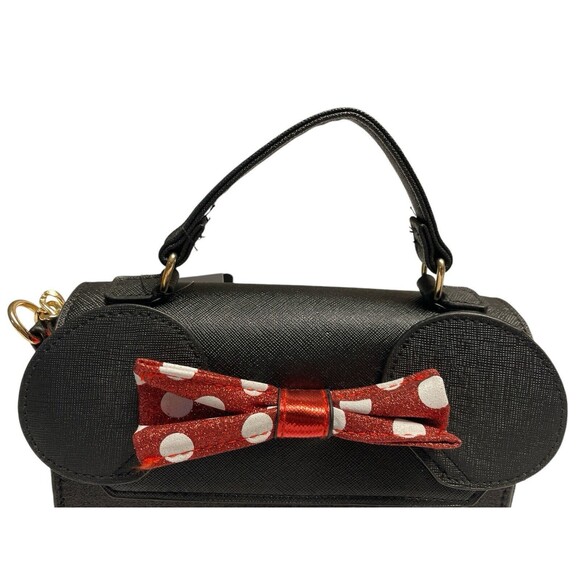 Disney Minnie Mouse Sparkling Bow Black Crossbody Bag Handle W/ Gold Tone Chain - Picture 3 of 9